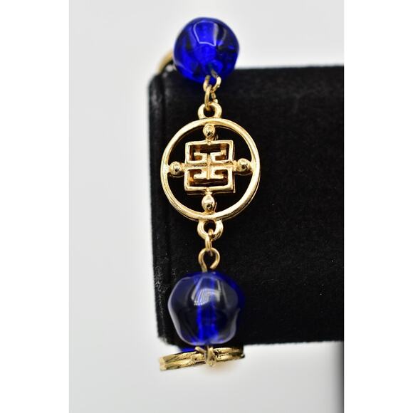 Givenchy Vintage Logo Bracelet Gold Blue Lucite Chain Chunky Signed 1980s BinAW - Picture 1 of 12